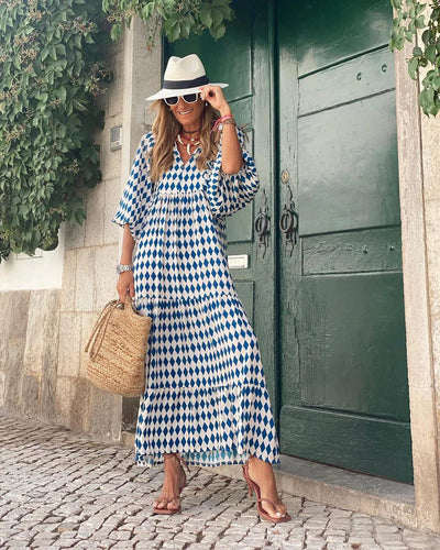 Livia | Blue and White Geometric Dress